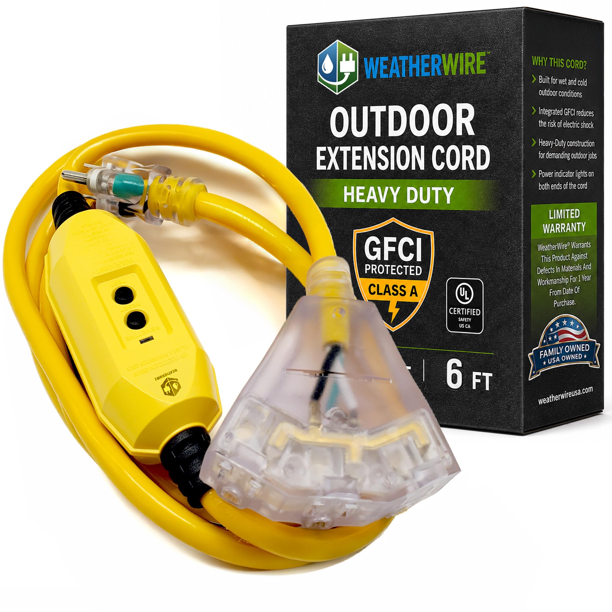 GFCI Extension Cord - Outdoor Extension Cord Waterproof (6 ft) Heavy Duty Outdoor Extension Cords with Multiple Outlets - WeatherWire - 6' Grounded - GFI Cord - extensiones electricas