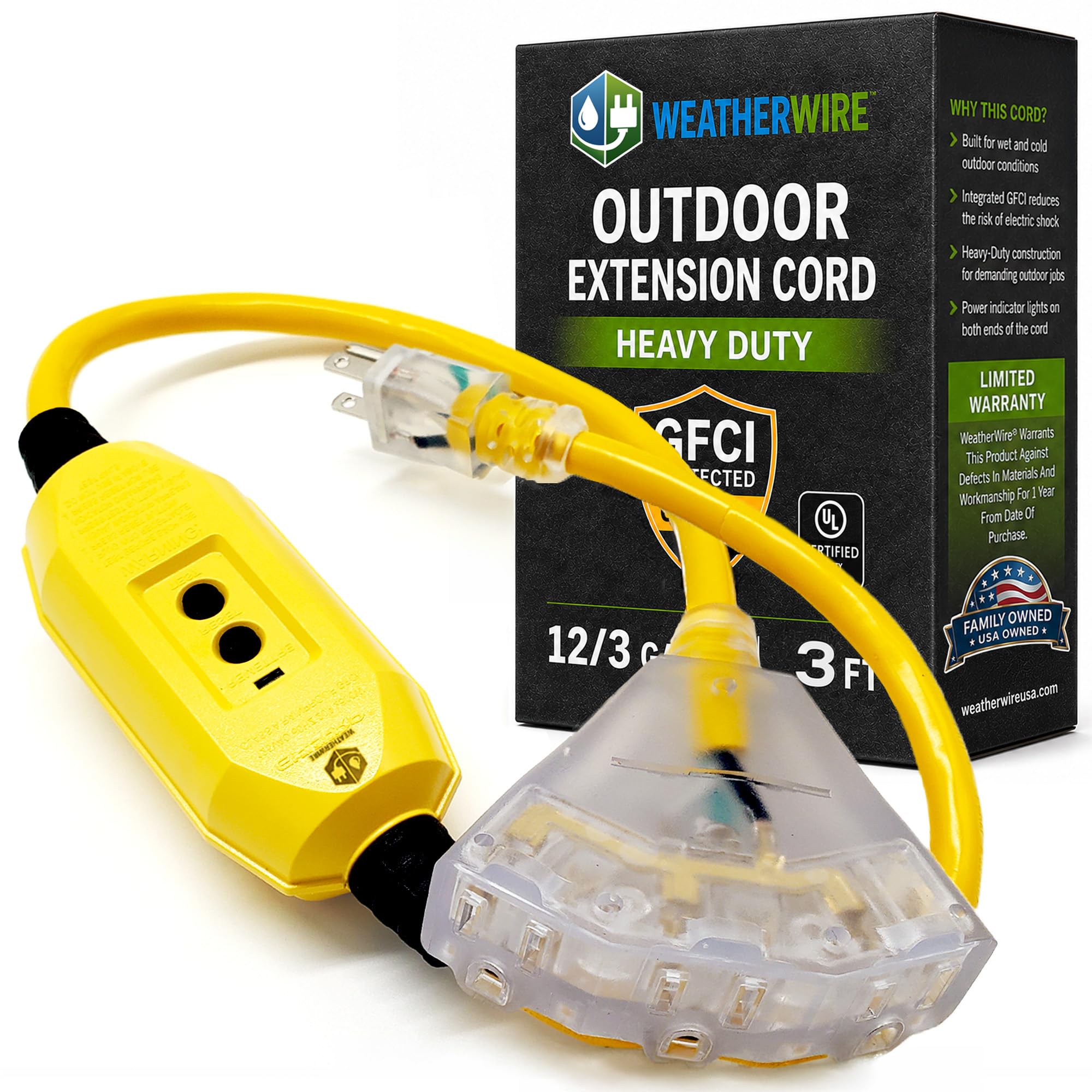 GFCI Extension Cord - Outdoor Extension Cord Waterproof (6 ft) Heavy Duty Outdoor Extension Cords with Multiple Outlets - WeatherWire - 6' Grounded - GFI Cord - extensiones electricas