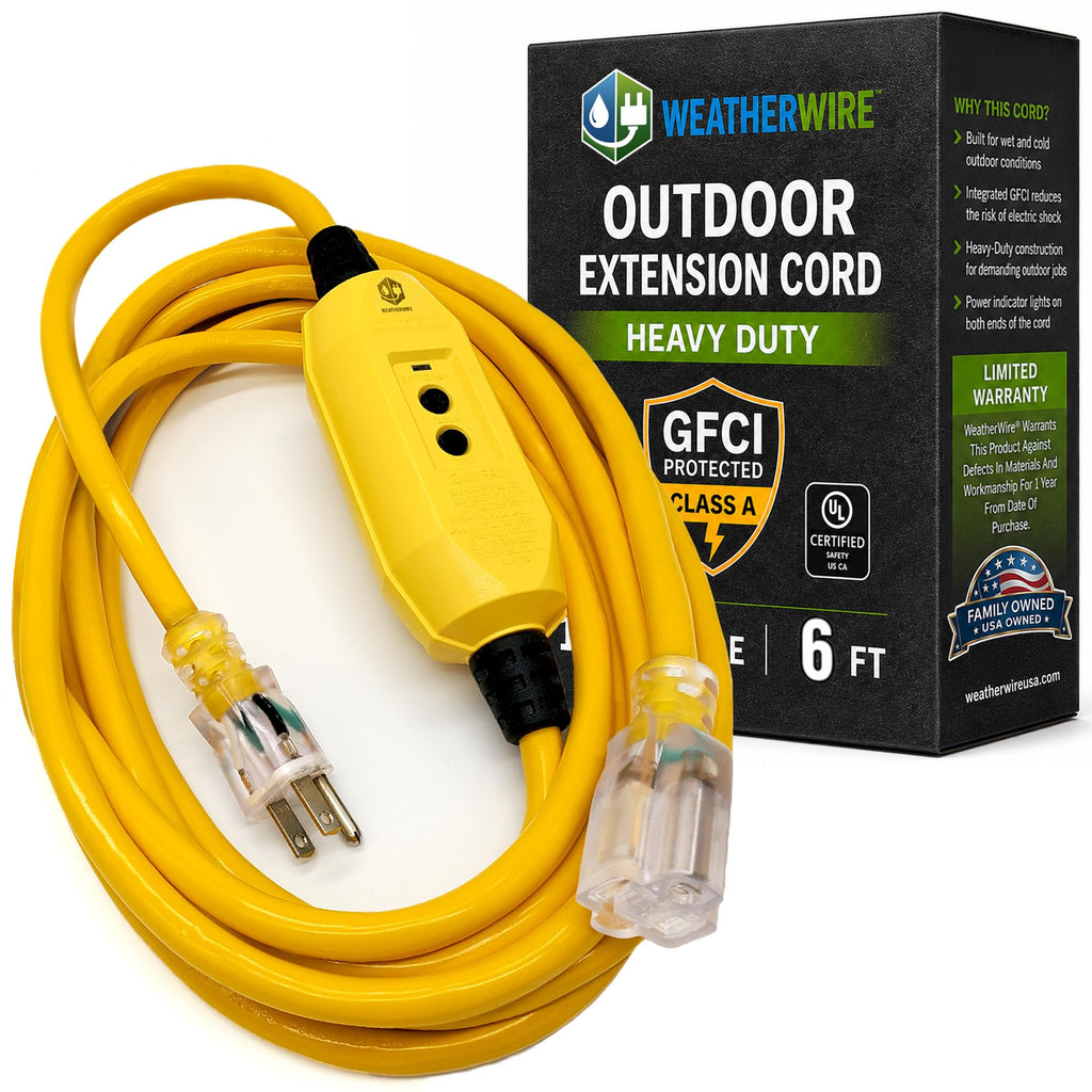 GFCI Extension Cord - Outdoor Extension Cord Waterproof (6 ft) Heavy Duty Outdoor Extension Cords - WeatherWire - 6' Grounded - GFI Cord - extensiones electricas